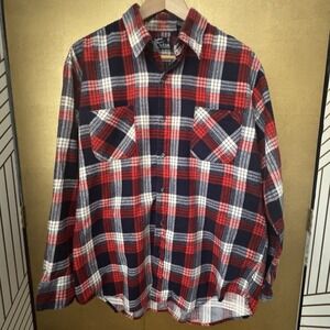 Men's Large Sutton Place Long Sleeve Plaid Button Down Short Red White Blue Vtg